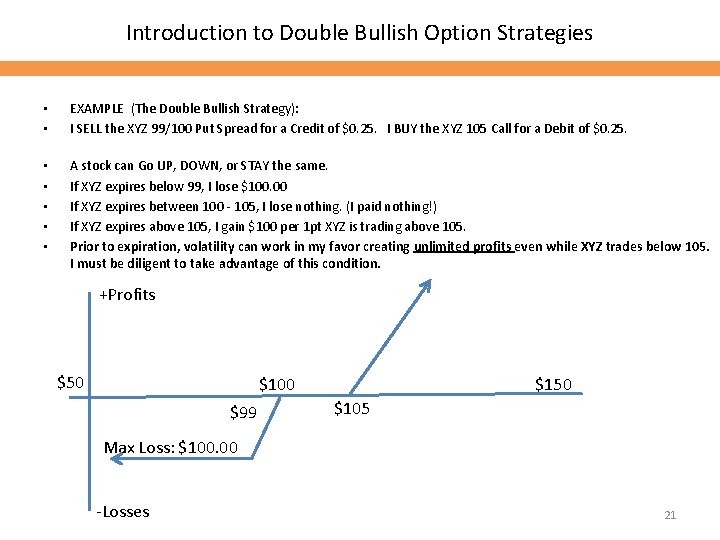 Introduction to Double Bullish Option Strategies • • EXAMPLE (The Double Bullish Strategy): I