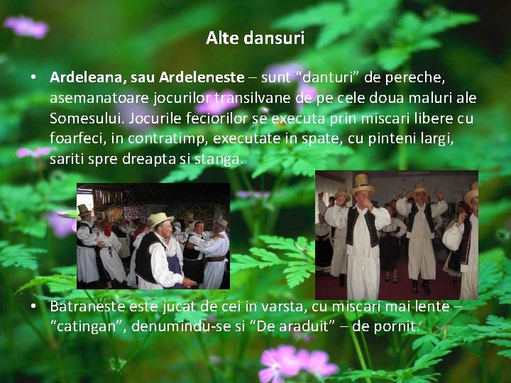 Alte dansuri • Ardeleana, sau Ardeleneste – sunt “danturi” de pereche, asemanatoare jocurilor transilvane