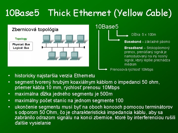 10 Base 5 Thick Ethernet (Yellow Cable) Zbernicová topológia 10 Base 5 Dĺžka 5