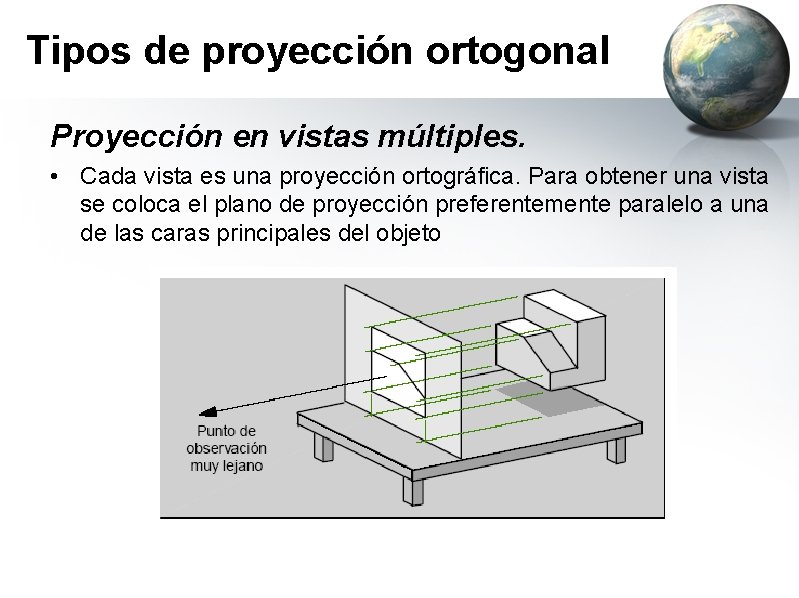 Tipos de proyección ortogonal Proyección en vistas múltiples. • Cada vista es una proyección
