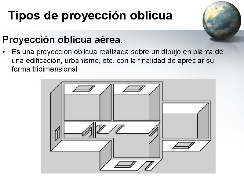 Tipos de proyección oblicua Proyección oblicua aérea. • Es una proyección oblicua realizada sobre