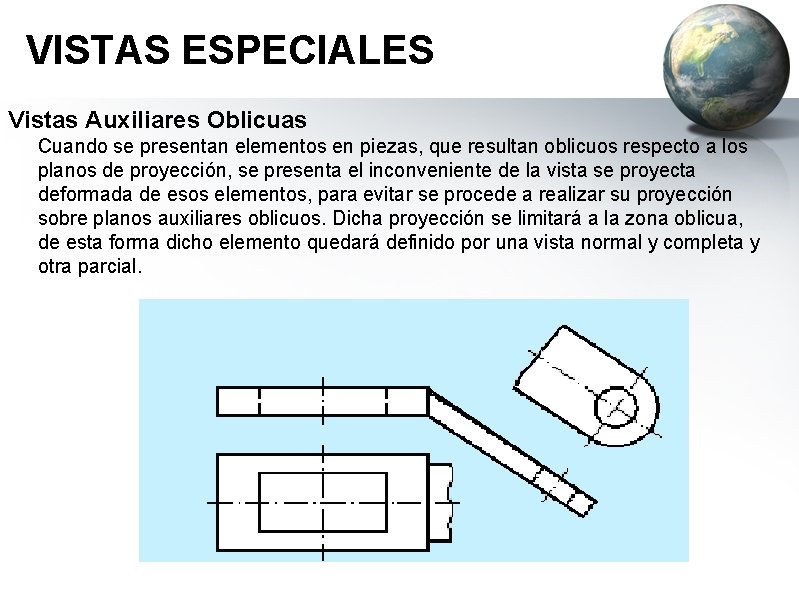 VISTAS ESPECIALES Vistas Auxiliares Oblicuas Cuando se presentan elementos en piezas, que resultan oblicuos