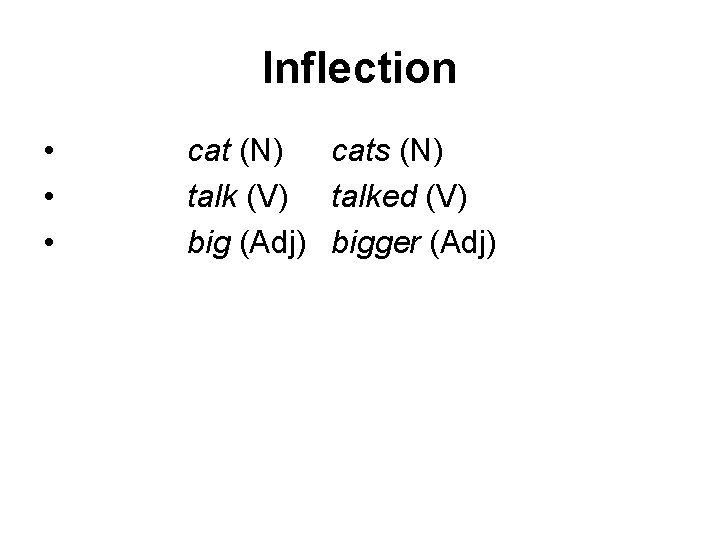 Inflection • • • cat (N) cats (N) talk (V) talked (V) big (Adj)