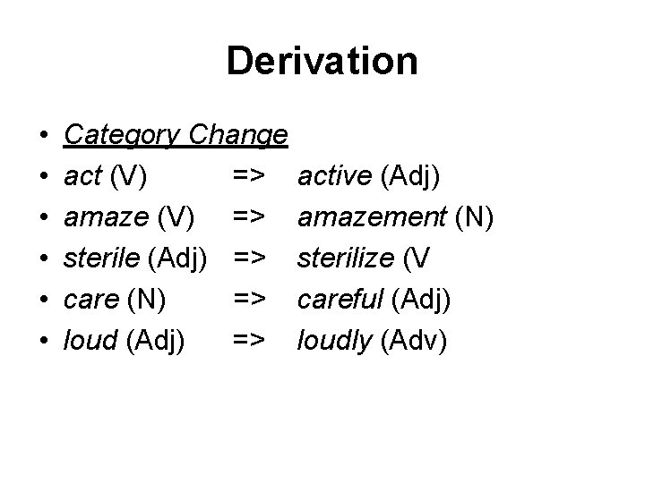 Derivation • • • Category Change act (V) => amaze (V) => sterile (Adj)