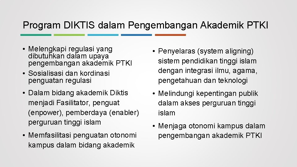 Program DIKTIS dalam Pengembangan Akademik PTKI • Melengkapi regulasi yang dibutuhkan dalam upaya pengembangan