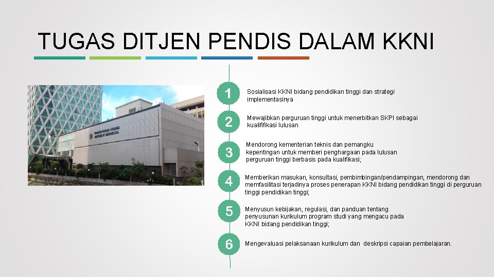 TUGAS DITJEN PENDIS DALAM KKNI Sosialisasi KKNI bidang pendidikan tinggi dan strategi implementasinya Mewajibkan