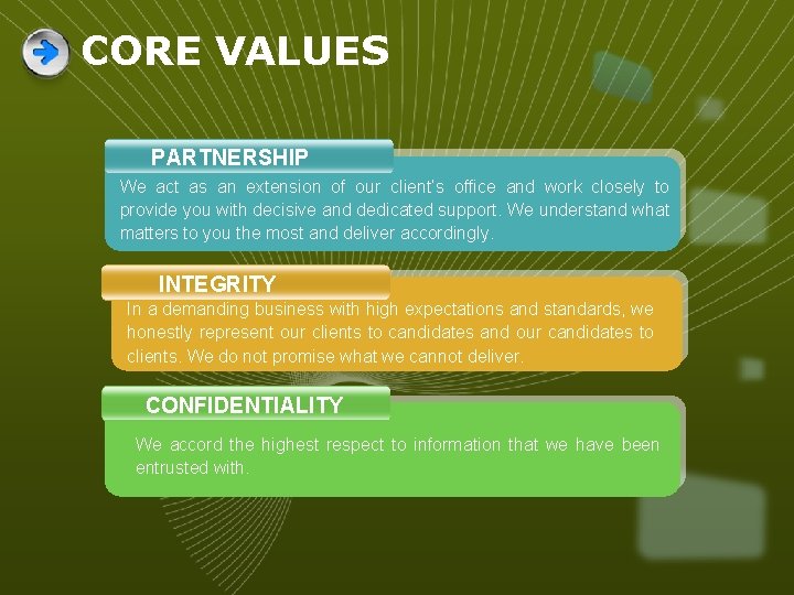 CORE VALUES PARTNERSHIP We act as an extension of our client’s office and work