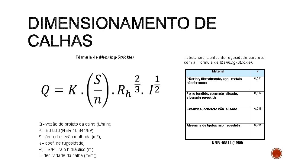 Fórmula de Manning-Strickler Q - vazão de projeto da calha (L/min); K = 60.