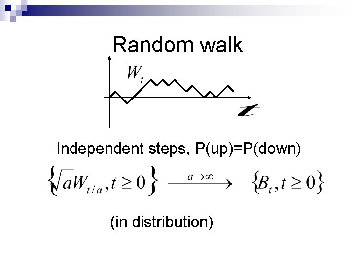 Random walk Independent steps, P(up)=P(down) (in distribution) 