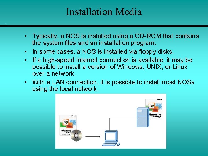Installation Media • Typically, a NOS is installed using a CD-ROM that contains the