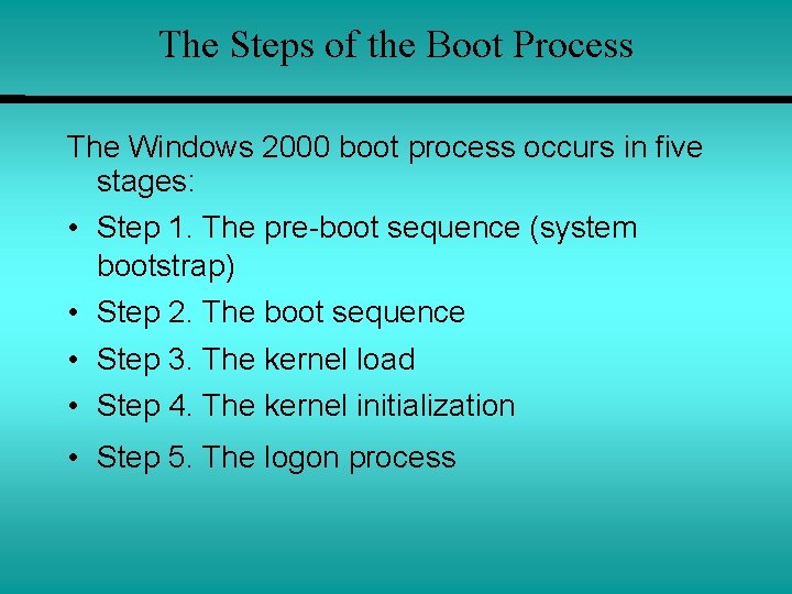 The Steps of the Boot Process The Windows 2000 boot process occurs in five