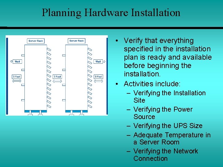 Planning Hardware Installation • Verify that everything specified in the installation plan is ready