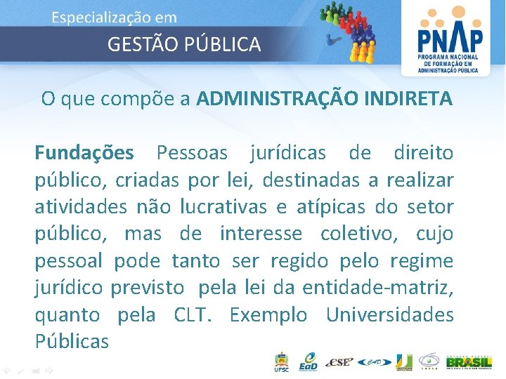 O que compõe a ADMINISTRAÇÃO INDIRETA Fundações Pessoas jurídicas de direito público, criadas por