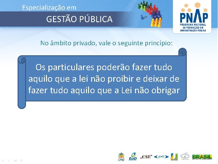 No âmbito privado, vale o seguinte princípio: Os particulares poderão fazer tudo aquilo que