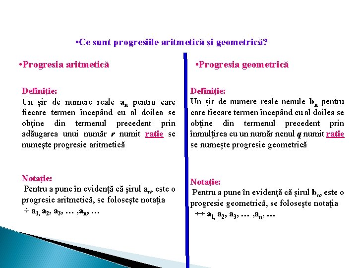  • Ce sunt progresiile aritmetică şi geometrică? • Progresia aritmetică • Progresia geometrică