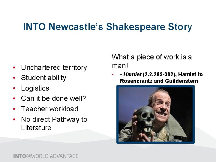 INTO Newcastle’s Shakespeare Story • • • Unchartered territory Student ability Logistics Can it