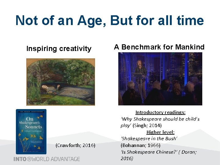 Not of an Age, But for all time Inspiring creativity (Crawforth; 2016) A Benchmark