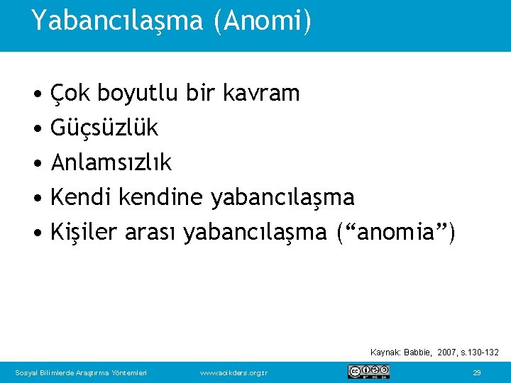 Yabancılaşma (Anomi) • Çok boyutlu bir kavram • Güçsüzlük • Anlamsızlık • Kendi kendine