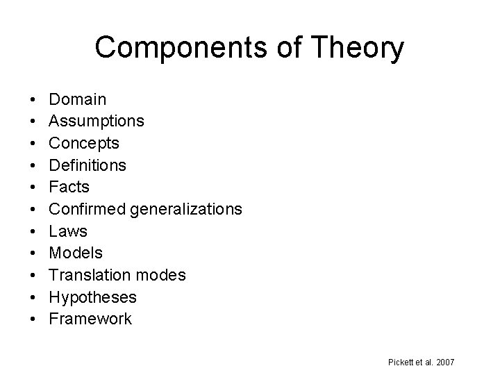 Components of Theory • • • Domain Assumptions Concepts Definitions Facts Confirmed generalizations Laws