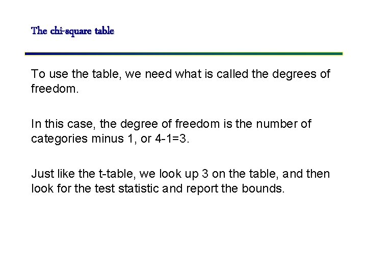 The chi-square table To use the table, we need what is called the degrees