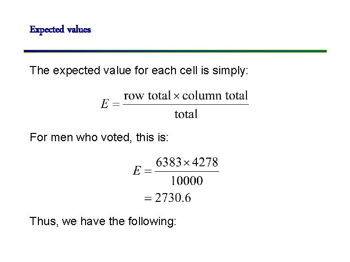 Expected values The expected value for each cell is simply: For men who voted,