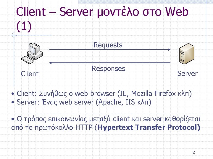 Client – Server μοντέλο στο Web (1) Requests Client Responses Server • Client: Συνήθως