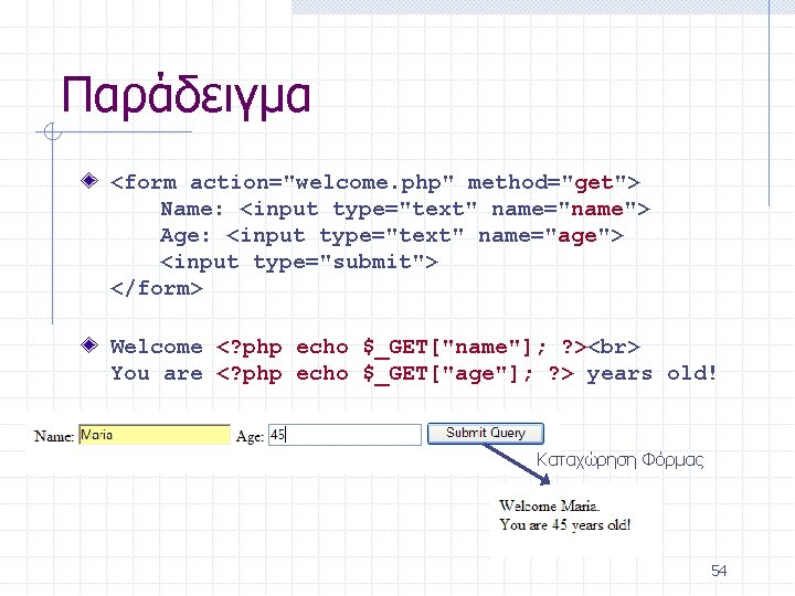 Παράδειγμα <form action="welcome. php" method="get"> Name: <input type="text" name="name"> Age: <input type="text" name="age"> <input