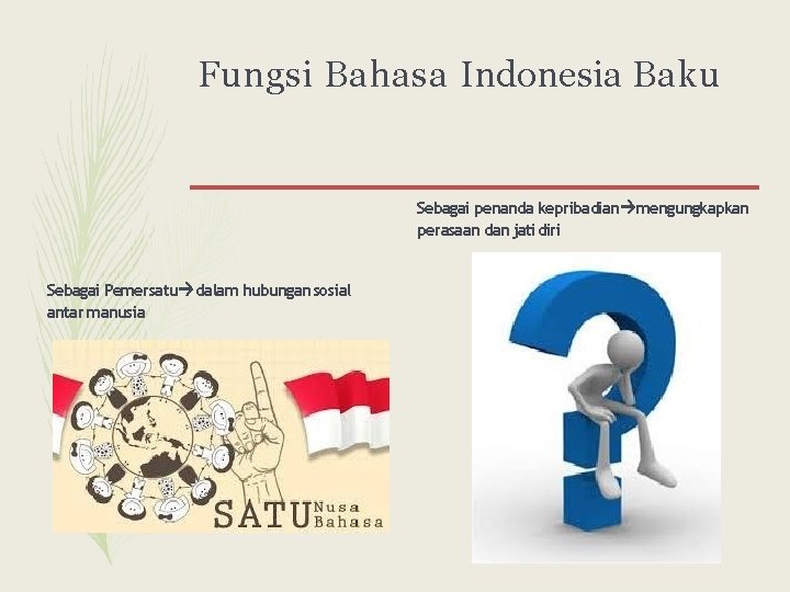 Fungsi Bahasa Indonesia Baku Sebagai penanda kepribadian mengungkapkan perasaan dan jati diri Sebagai Pemersatu