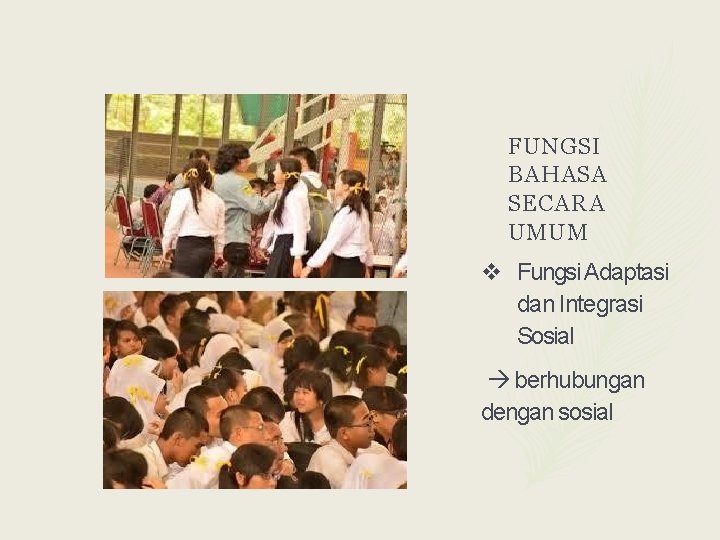 FUNGSI BAHASA SECARA UMUM Fungsi Adaptasi dan Integrasi Sosial berhubungan dengan sosial 