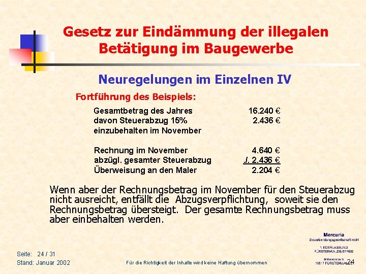 Gesetz zur Eindämmung der illegalen Betätigung im Baugewerbe Neuregelungen im Einzelnen IV Fortführung des