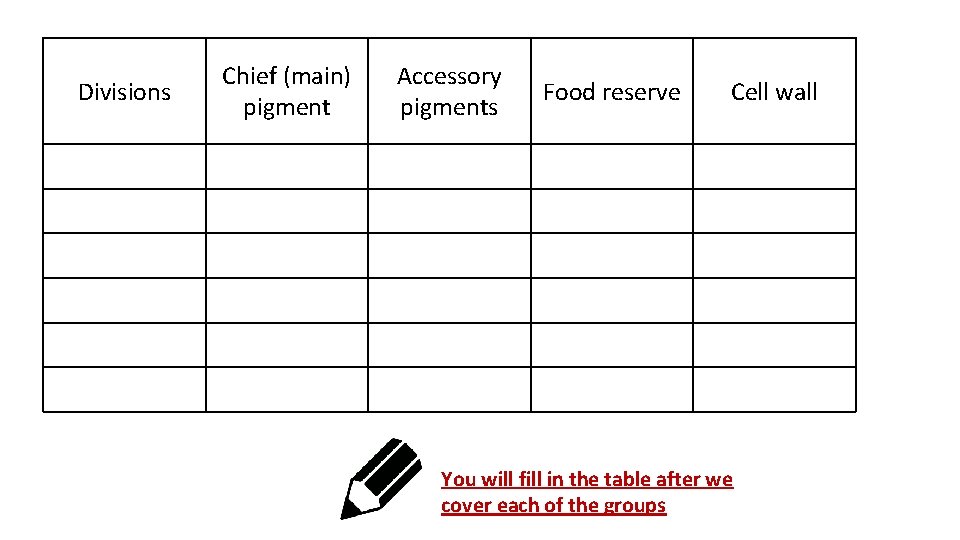 Divisions Chief (main) pigment Accessory pigments Food reserve Cell wall You will fill in