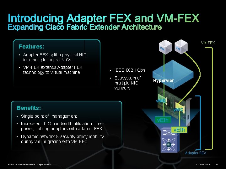 VM FEX Features: • Adapter FEX split a physical NIC into multiple logical NICs