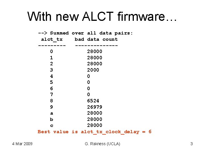 With new ALCT firmware… --> Summed over all data pairs: alct_tx bad data count