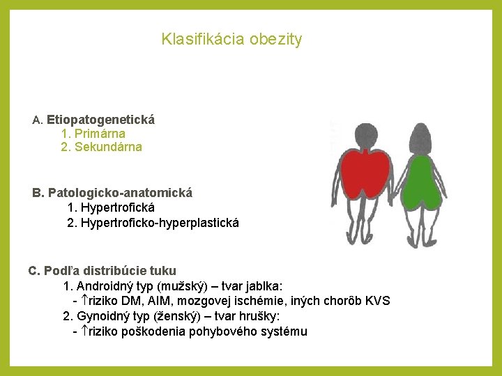 Klasifikácia obezity A. Etiopatogenetická 1. Primárna 2. Sekundárna B. Patologicko-anatomická 1. Hypertrofická 2. Hypertroficko