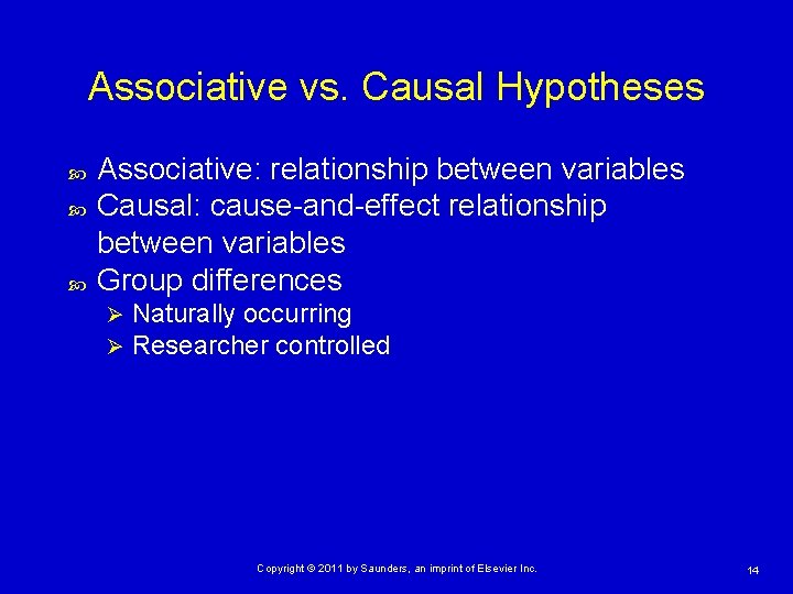 Associative vs. Causal Hypotheses Associative: relationship between variables Causal: cause-and-effect relationship between variables Group