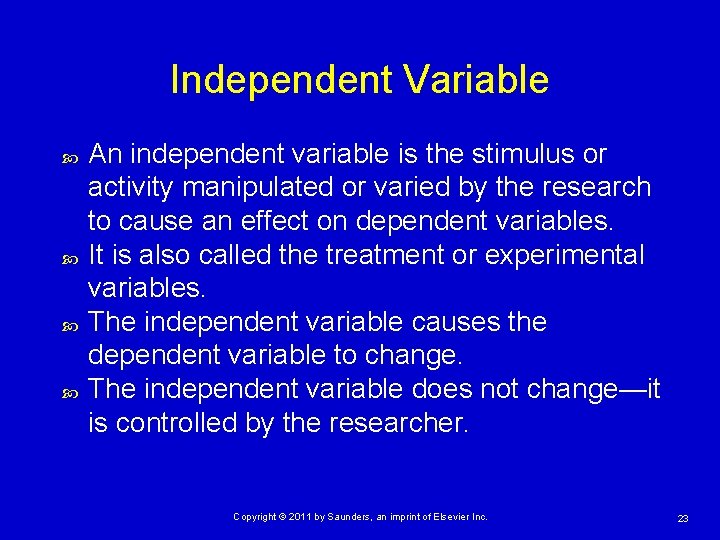 Independent Variable An independent variable is the stimulus or activity manipulated or varied by