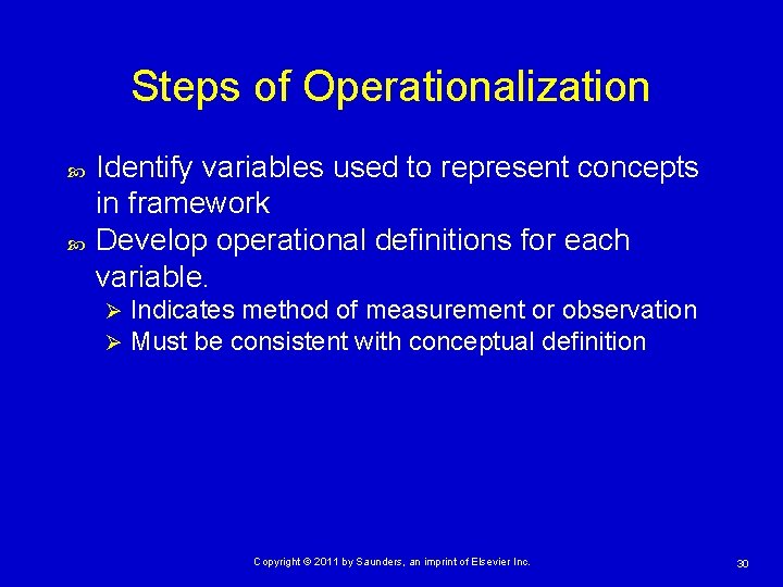 Steps of Operationalization Identify variables used to represent concepts in framework Develop operational definitions