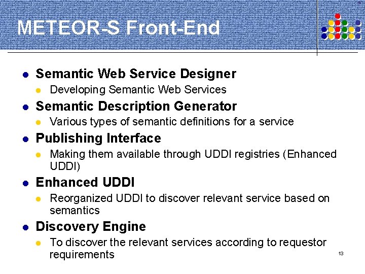 13 METEOR-S Front-End l Semantic Web Service Designer l l Semantic Description Generator l