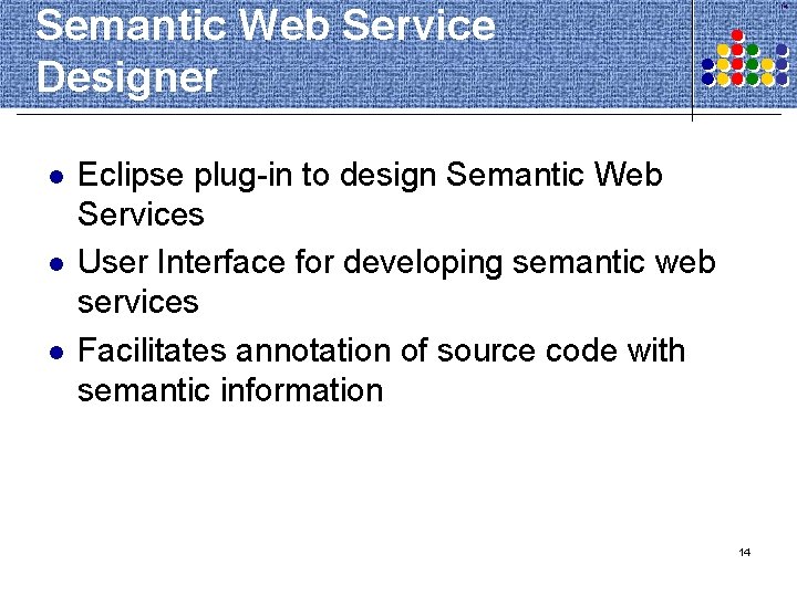 Semantic Web Service Designer l l l 14 Eclipse plug-in to design Semantic Web