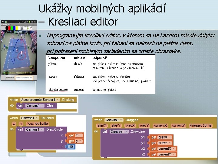 Ukážky mobilných aplikácií – Kresliaci editor n Naprogramujte kresliaci editor, v ktorom sa na