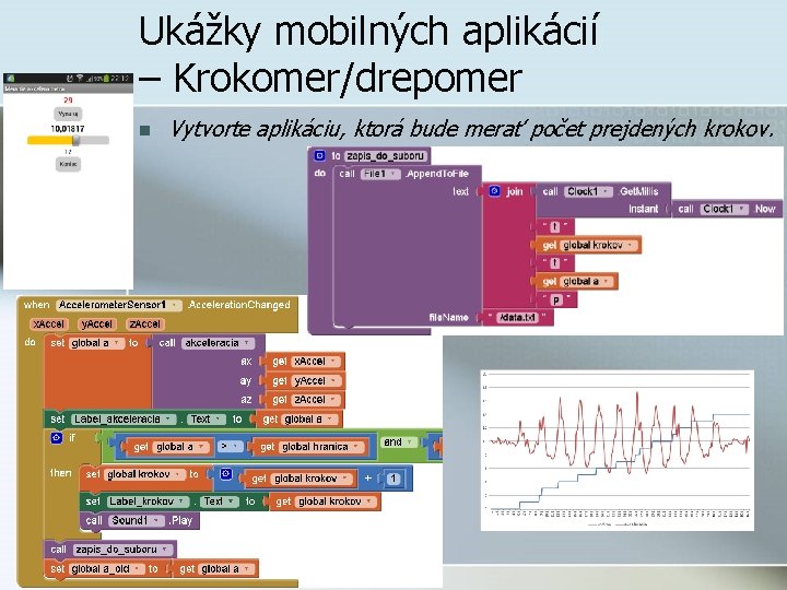 Ukážky mobilných aplikácií – Krokomer/drepomer n Vytvorte aplikáciu, ktorá bude merať počet prejdených krokov.