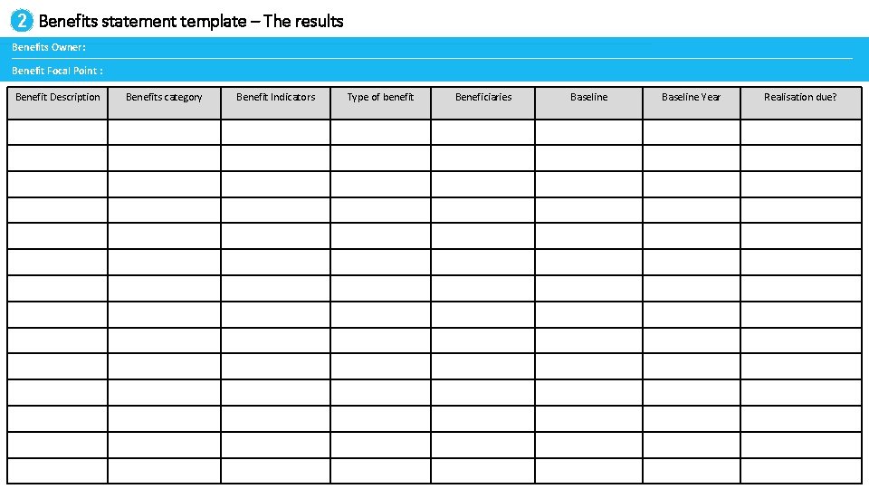 2 Benefits statement template – The results Benefits Owner: Benefit Focal Point : Benefit