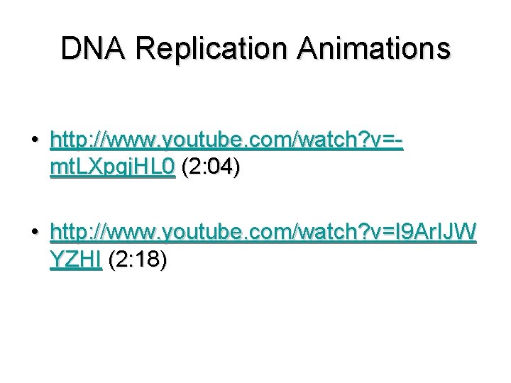 DNA Replication Animations • http: //www. youtube. com/watch? v=mt. LXpgj. HL 0 (2: 04)
