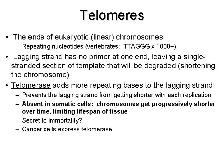 Telomeres • The ends of eukaryotic (linear) chromosomes – Repeating nucleotides (vertebrates: TTAGGG x