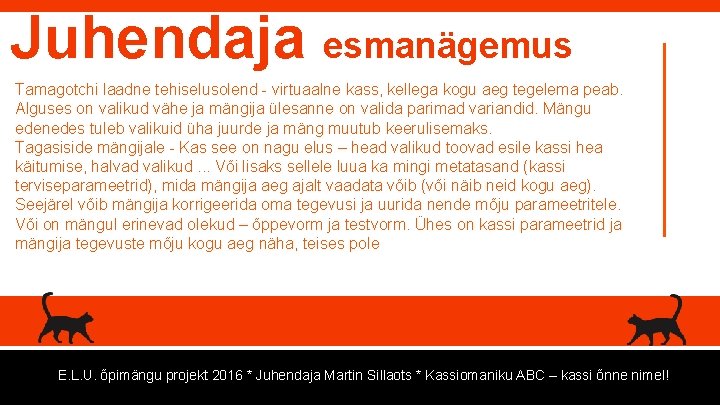 Juhendaja esmanägemus Tamagotchi laadne tehiselusolend - virtuaalne kass, kellega kogu aeg tegelema peab. Alguses