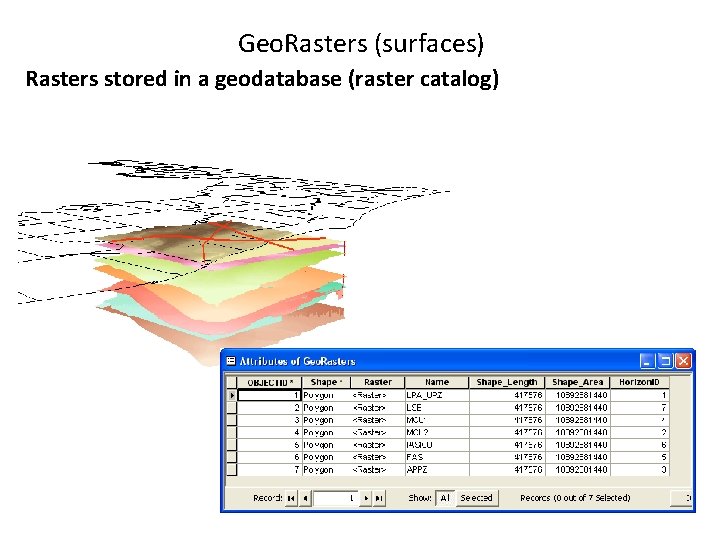 Geo. Rasters (surfaces) Rasters stored in a geodatabase (raster catalog) 