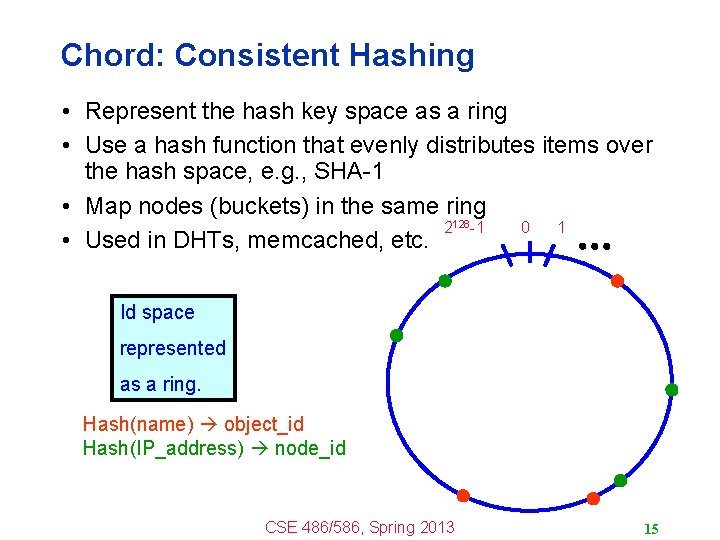 Chord: Consistent Hashing • Represent the hash key space as a ring • Use