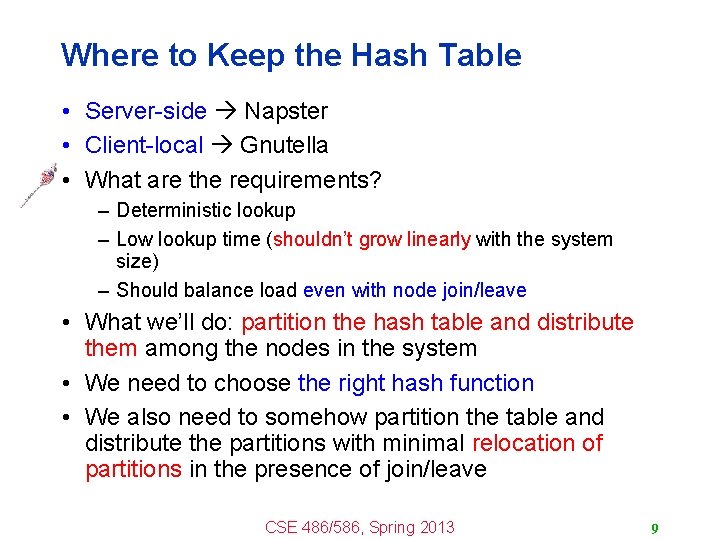 Where to Keep the Hash Table • Server-side Napster • Client-local Gnutella • What