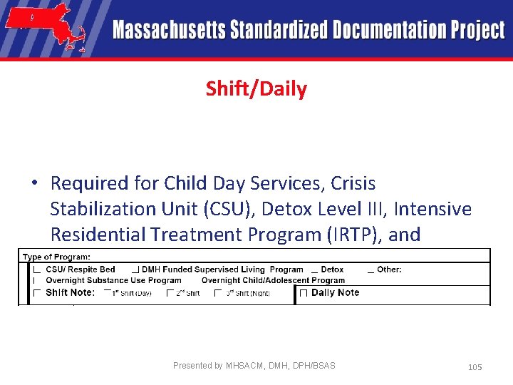 Shift/Daily • Required for Child Day Services, Crisis Stabilization Unit (CSU), Detox Level III,