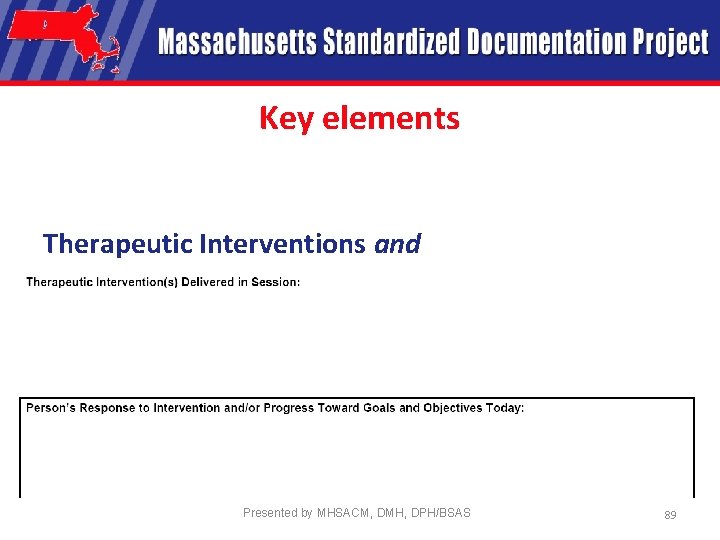 Key elements Therapeutic Interventions and Person’s Response to interventions Insert sections: “Therapeutic Interventions” and